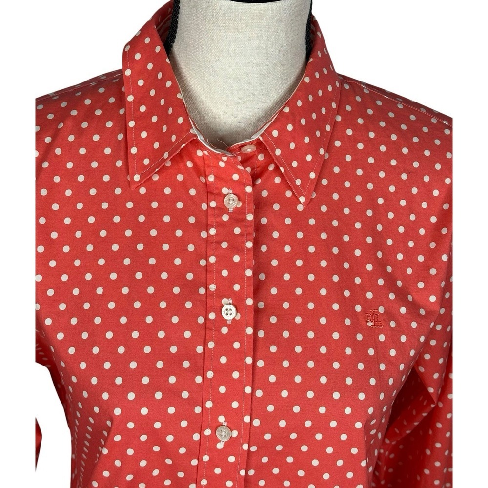 Women's Ralph Lauren Pink White Polka Dot 100% Cotton Blouse Medium - Picture 2 of 13